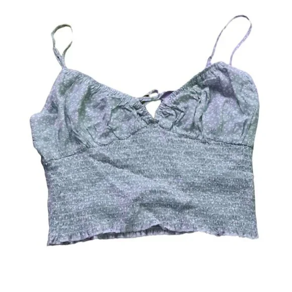 Garage periwinkle blue white floral shirred tie front crop tank top SP - Picture 1 of 13